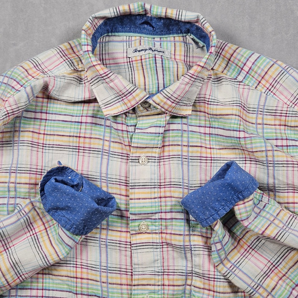Tommy Bahama Button Down Shirt Mens LT Multi Color Plaid Linen Blend Long Sleeve